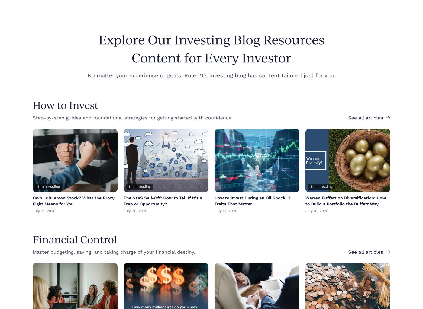 Rule #1 investing blog showing recent articles by category